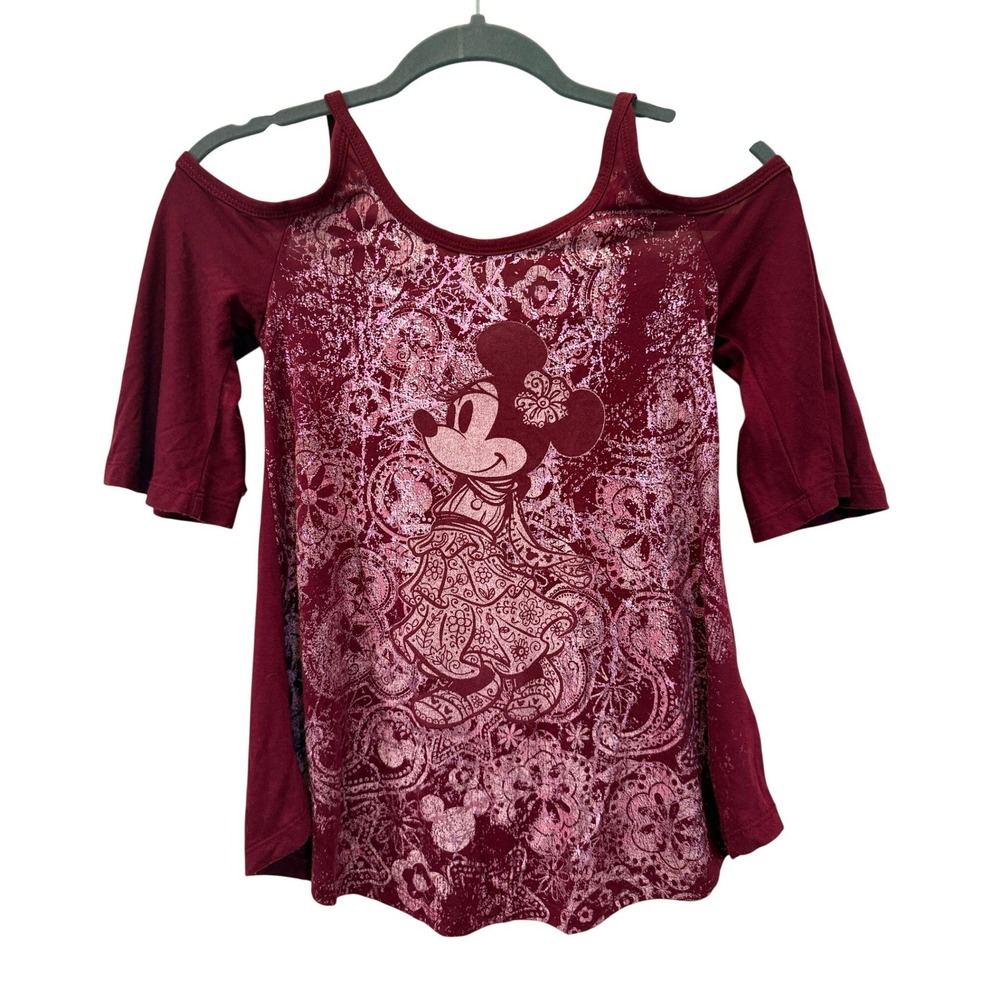 Disney Boutique Cold Shoulder Top Women XS Burgundy Minnie Mouse Paisley Graphic